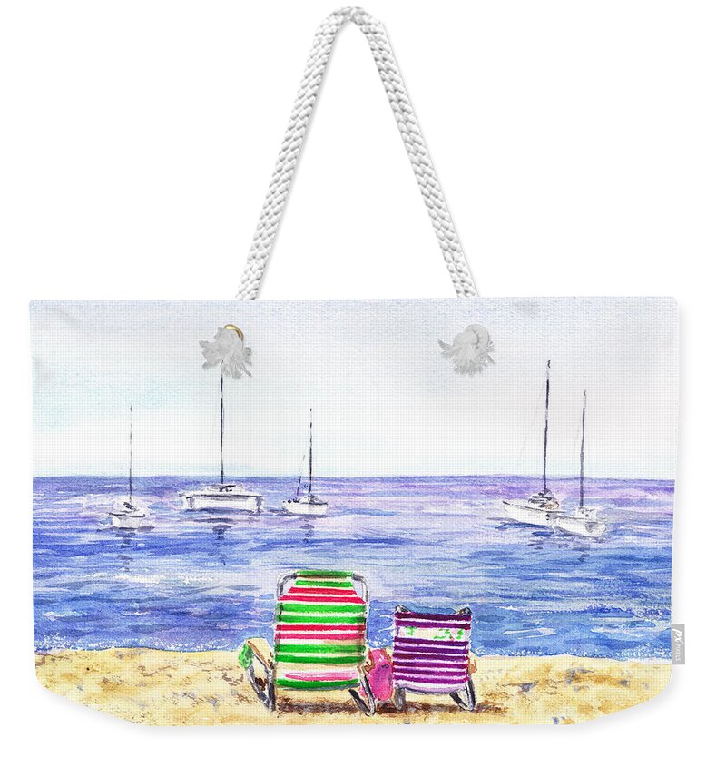 Beach Art Weekender Tote Bag featuring the painting Two Chairs On The Beach by Irina Sztukowski