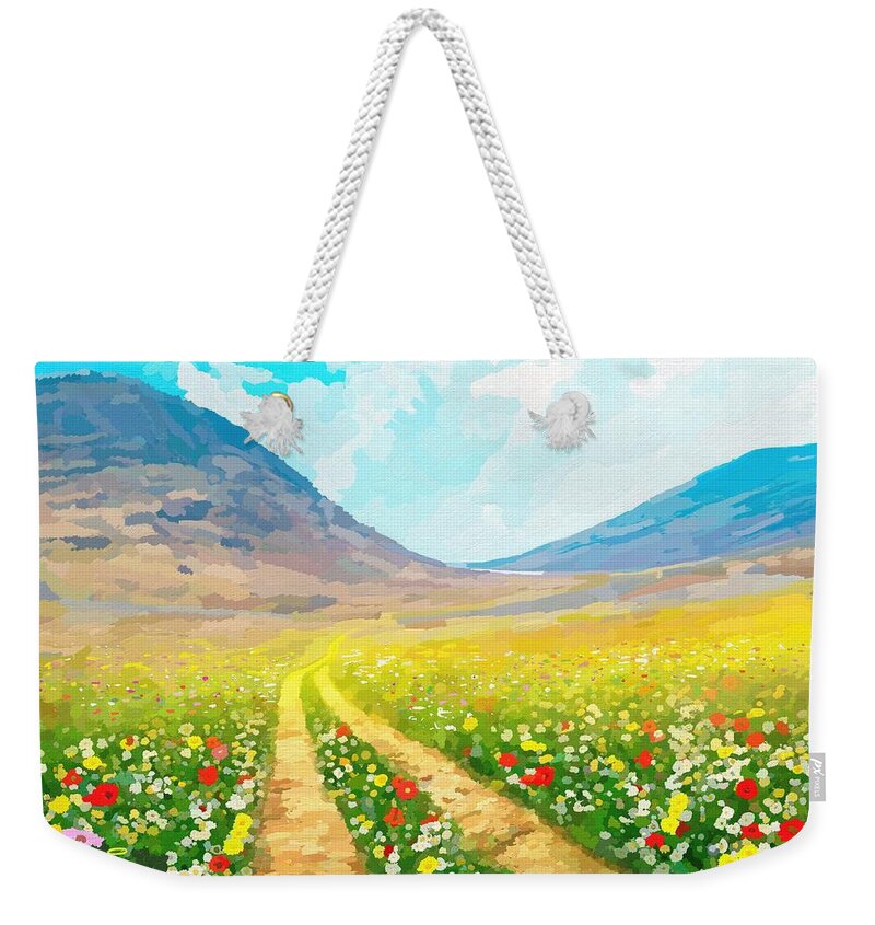 Field Weekender Tote Bag featuring the painting Two hills and a road by Anthony Mwangi