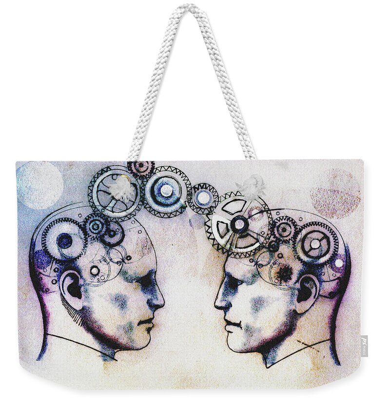 Adult Weekender Tote Bag featuring the photograph Two Mens Heads Face To Face Connected by Ikon Ikon Images