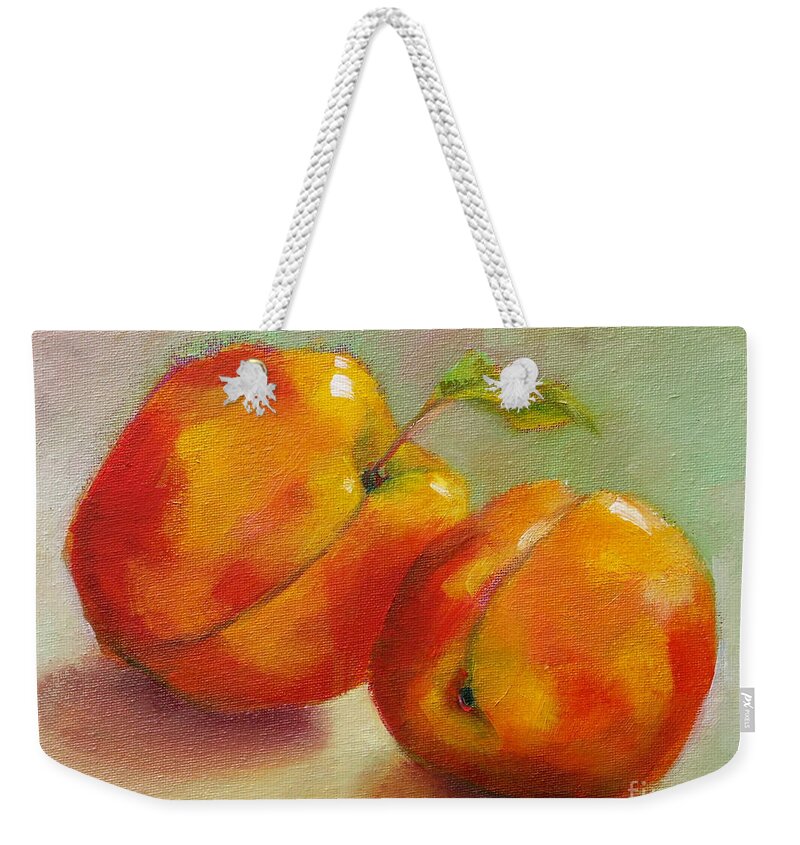Peaches Weekender Tote Bag featuring the painting Two Peaches by Michelle Abrams