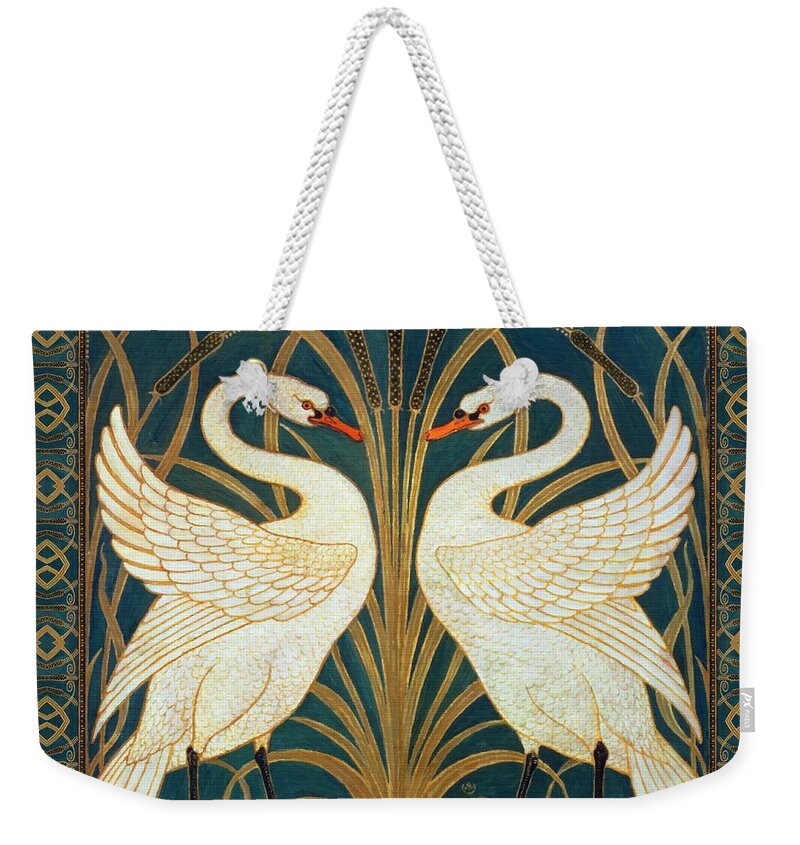 Walter Crane Weekender Tote Bag featuring the painting Two Swans by Walter Crane