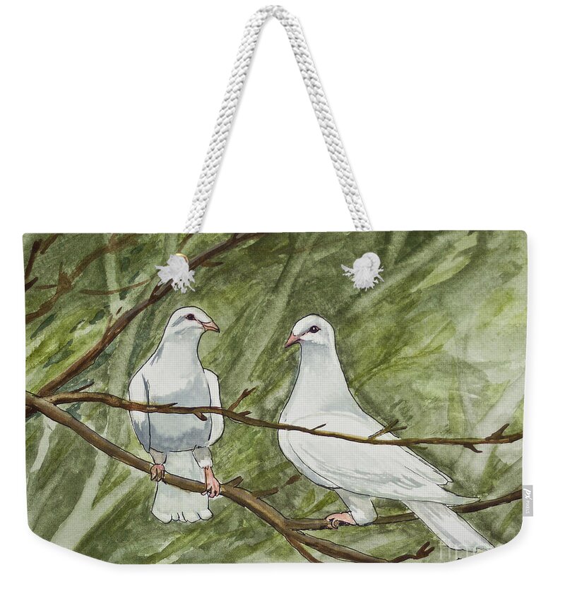 White Weekender Tote Bag featuring the painting Two White Doves by Janis Lee Colon
