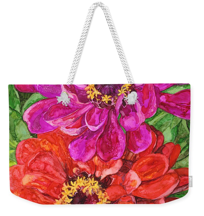 Floral Weekender Tote Bag featuring the painting Two Zinnias by Vicki Baun Barry