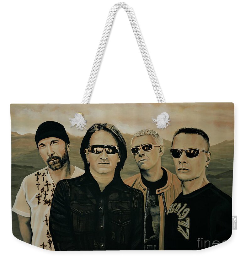 U2 Weekender Tote Bag featuring the painting U2 Silver And Gold by Paul Meijering