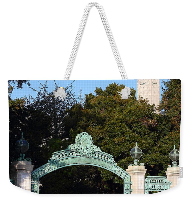 Berkeley Weekender Tote Bag featuring the photograph UC Berkeley . Sproul Plaza . Sather Gate and Sather Tower Campanile . 7D10027 by Wingsdomain Art and Photography