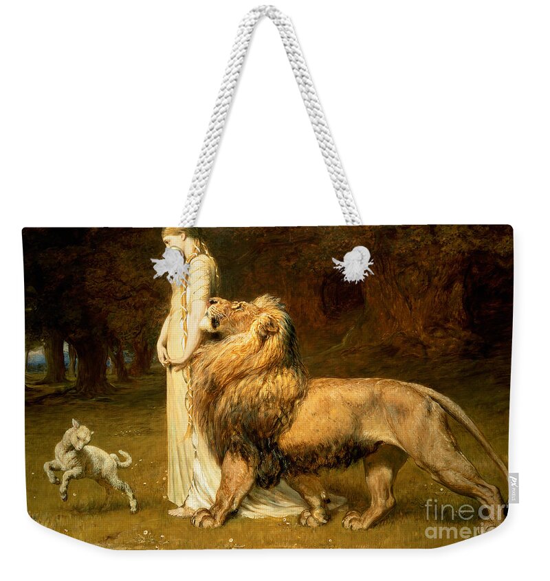 Lamb Weekender Tote Bag featuring the painting Una and Lion from Spensers Faerie Queene by Briton Riviere