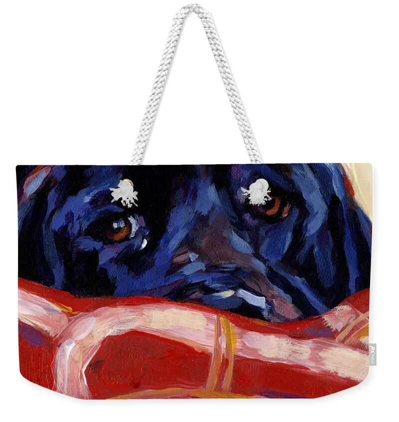 Black Labrador Retriever Weekender Tote Bag featuring the painting Under Cover by Molly Poole