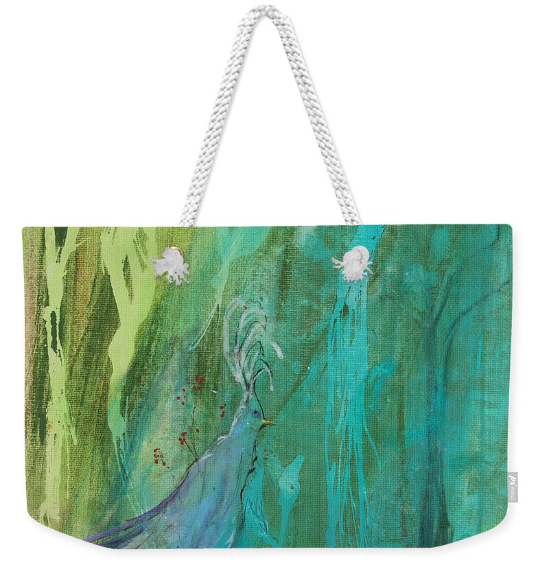 Peacock Weekender Tote Bag featuring the painting Undercover Peacock by Robin Pedrero