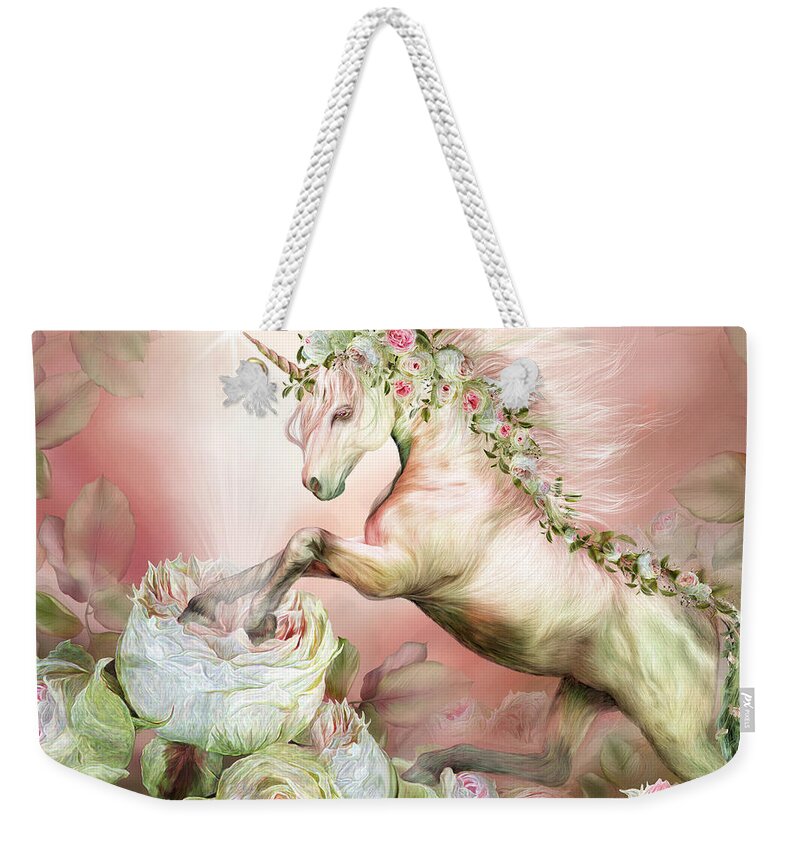 Unicorn Weekender Tote Bag featuring the mixed media Unicorn And A Rose by Carol Cavalaris