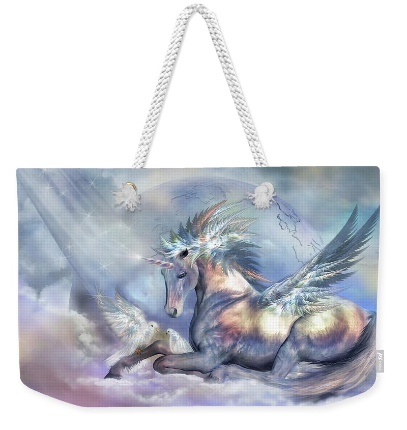 Unicorn Weekender Tote Bag featuring the mixed media Unicorn Of Peace by Carol Cavalaris