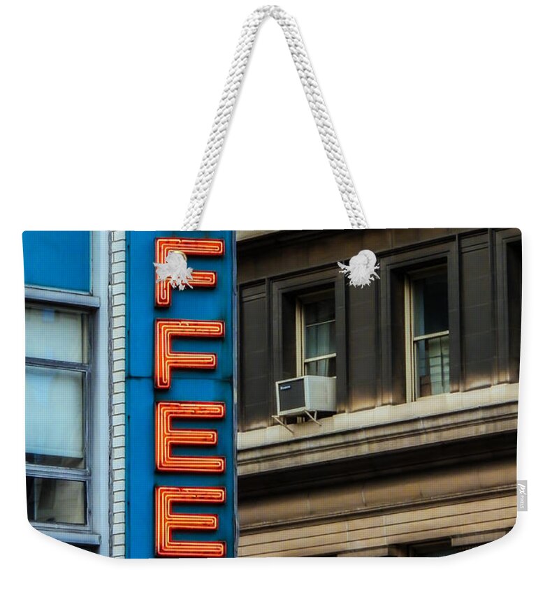 Union Square Weekender Tote Bag featuring the photograph Union Square Coffee Shop Sign by Jon Woodhams