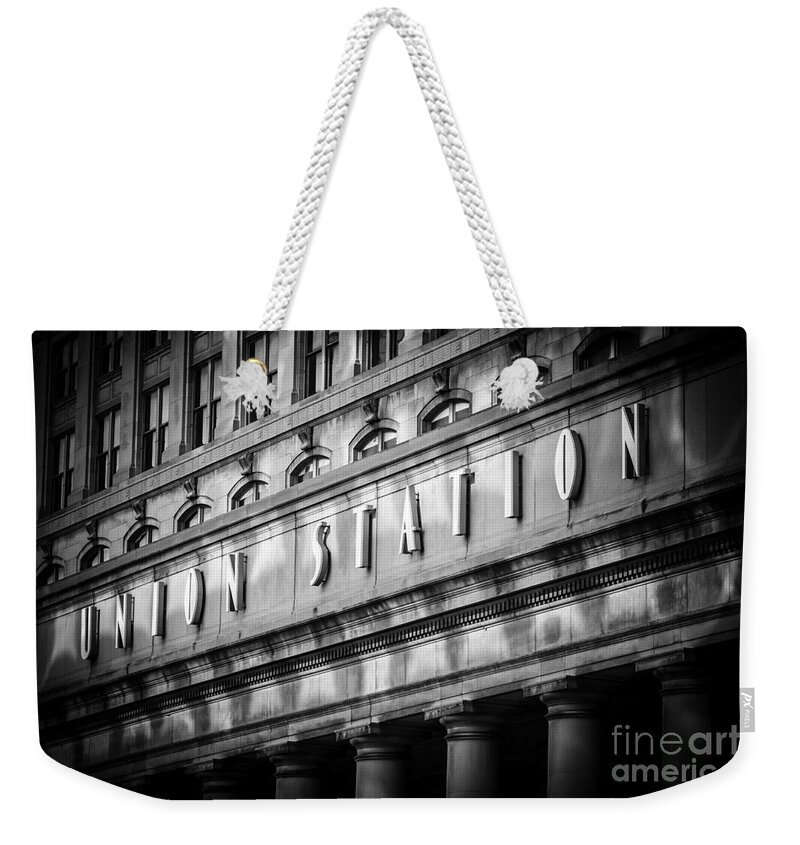 America Weekender Tote Bag featuring the photograph Union Station Chicago Sign in Black and White by Paul Velgos