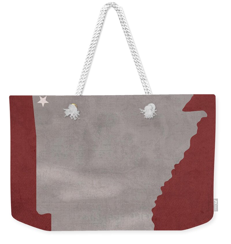 University Of Arkansas Weekender Tote Bag featuring the mixed media University of Arkansas Razorbacks Fayetteville College Town State Map Poster Series No 013 by Design Turnpike