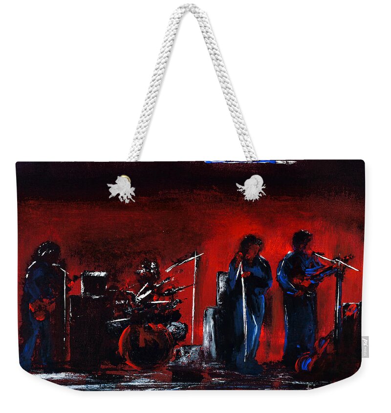 Band Weekender Tote Bag featuring the painting Up On The Stage by Alys Caviness-Gober