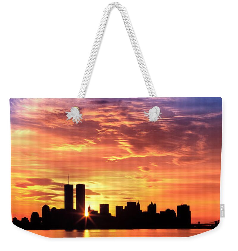 Photography Weekender Tote Bag featuring the photograph Us, New York City, Skyline, Sunrise by Panoramic Images