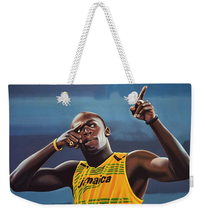 Usain Bolt Weekender Tote Bag featuring the painting Usain Bolt Painting by Paul Meijering