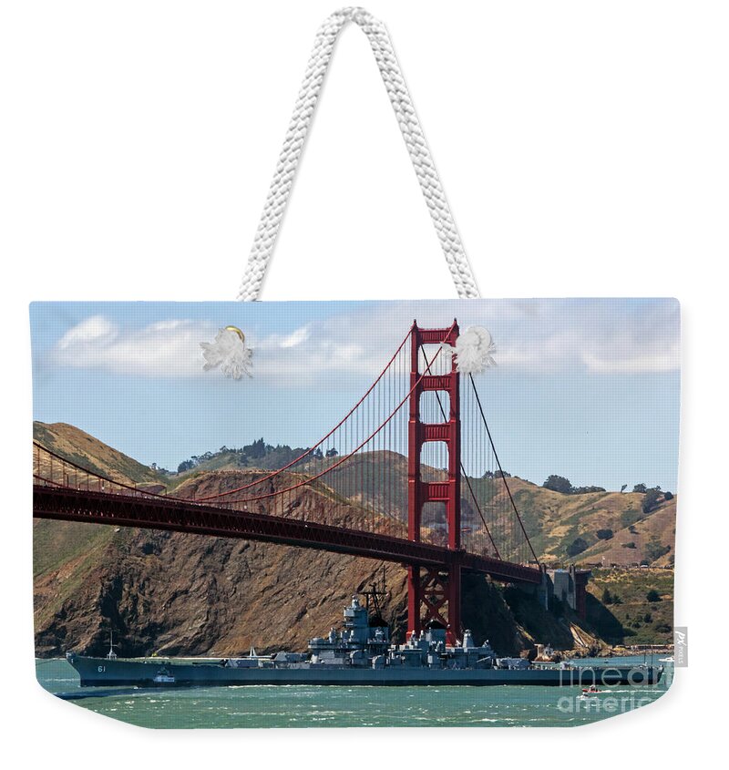 Battleship Weekender Tote Bag featuring the photograph U.S.S. Iowa up close by Kate Brown