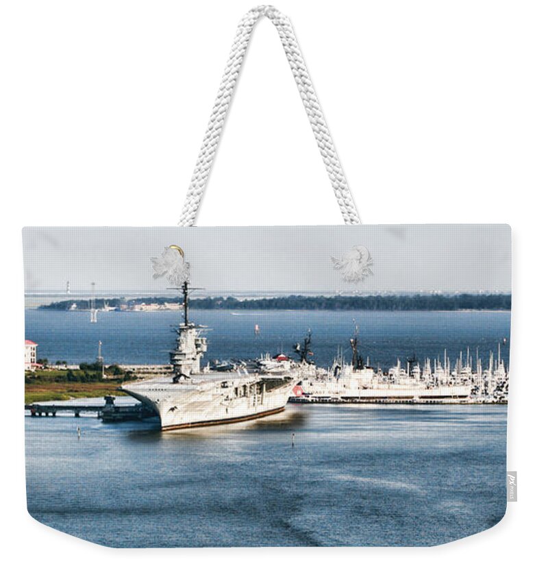 Uss Yorktown Weekender Tote Bag featuring the photograph USS Yorktown Aircraft Carrier at Charleston by Kathy Clark