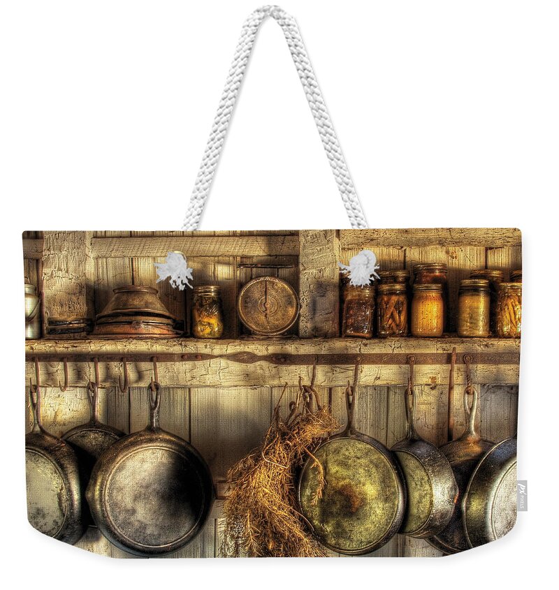 Kitchen Weekender Tote Bag featuring the photograph Utensils - Old country kitchen by Mike Savad