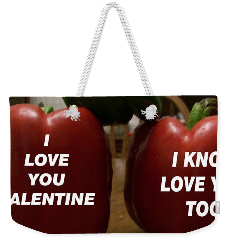 Couple Of Lovely Red Peppers Spreading Valentine Cheer A Pair Of Pepper Love To Enjoy Weekender Tote Bag featuring the photograph Valentine Pepper Love by Belinda Lee