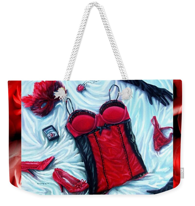 Lingerie Weekender Tote Bag featuring the mixed media Valentines Day Comes Once a Year by Shana Rowe Jackson