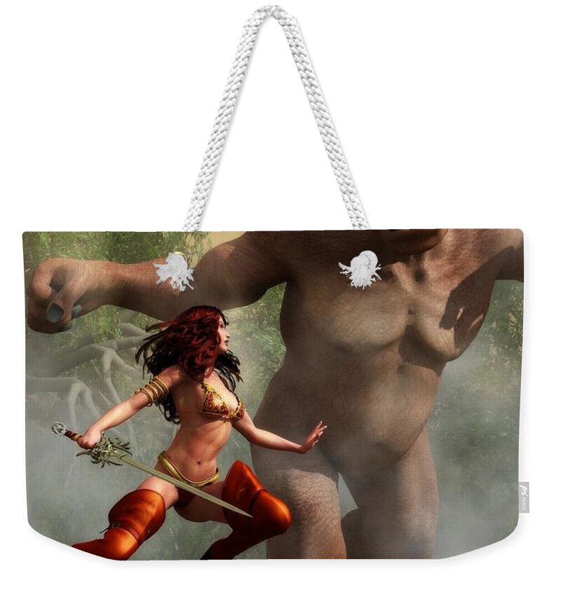 Warrior Girl Weekender Tote Bag featuring the digital art Valkyrie Versus Ogre by Kaylee Mason