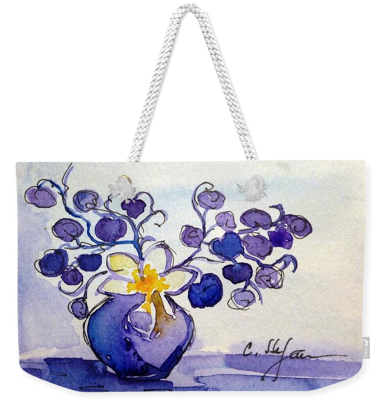 Vase Weekender Tote Bag featuring the painting Vase with flowers Purple Blue Yellow by Cristina Stefan