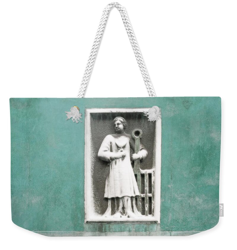  Aqua Weekender Tote Bag featuring the photograph Venetian Balcony and Sculpture on Aqua Blue Green by Brooke T Ryan