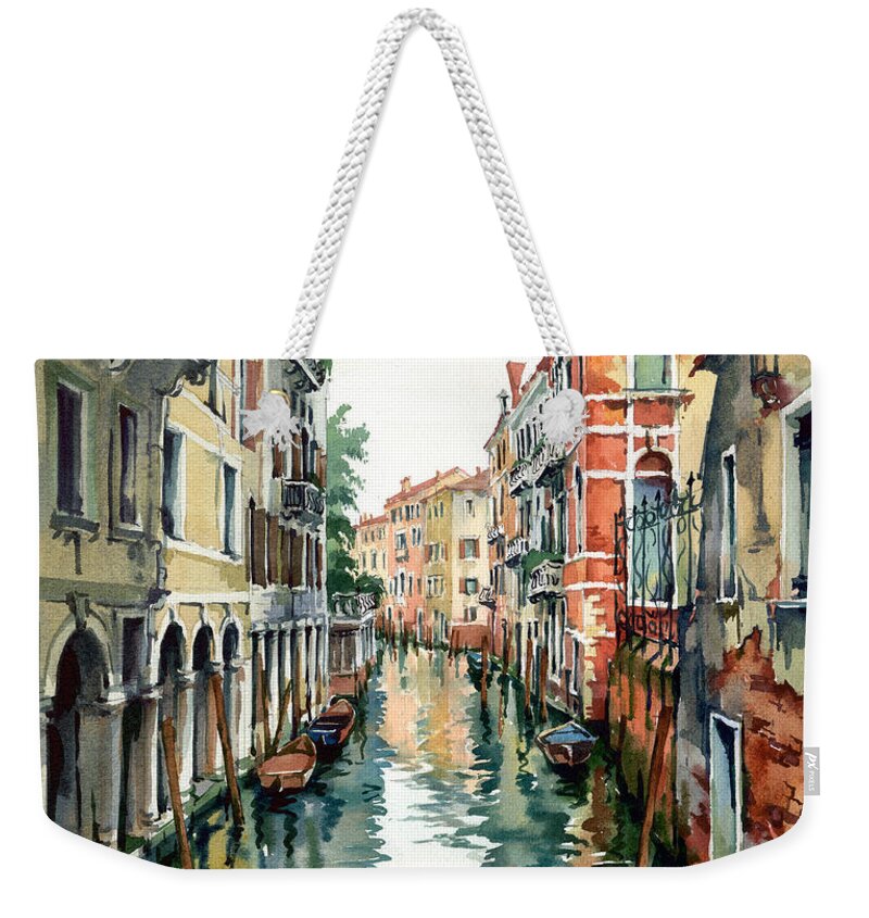 Venetian Canal Weekender Tote Bag featuring the painting Venetian Canal VII by Maria Rabinky