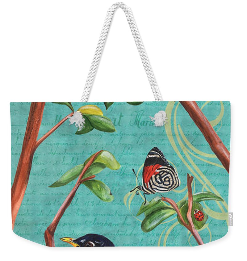 Bird Weekender Tote Bag featuring the painting Verdigris Songbirds 1 by Debbie DeWitt