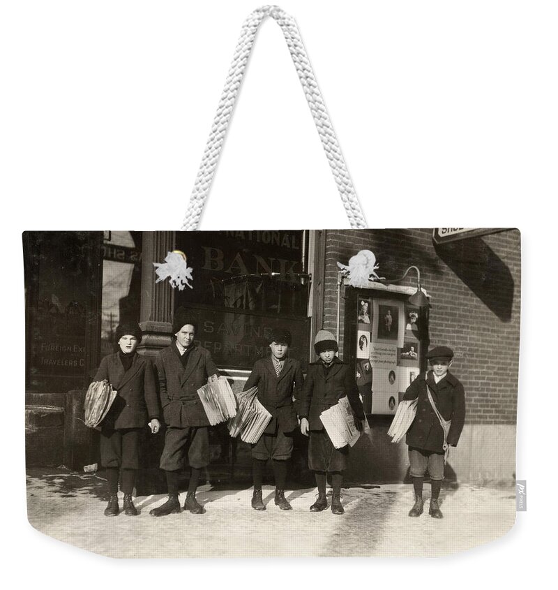 1916 Weekender Tote Bag featuring the photograph Vermont Newsboys, 1916 by Granger