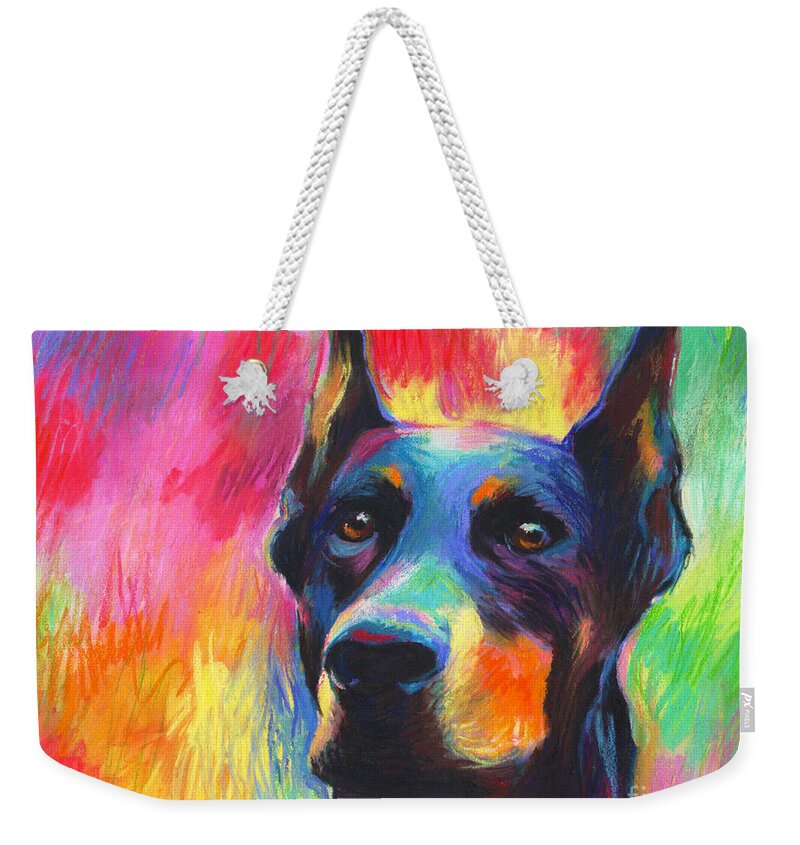 Doberman Pastel Weekender Tote Bag featuring the painting Vibrant Doberman Pincher dog painting by Svetlana Novikova