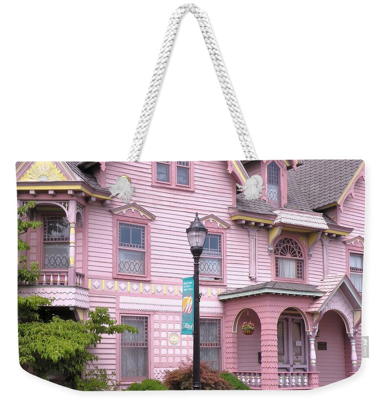 Pink Weekender Tote Bag featuring the photograph Victorian Pink House - Milford Delaware by Kim Bemis