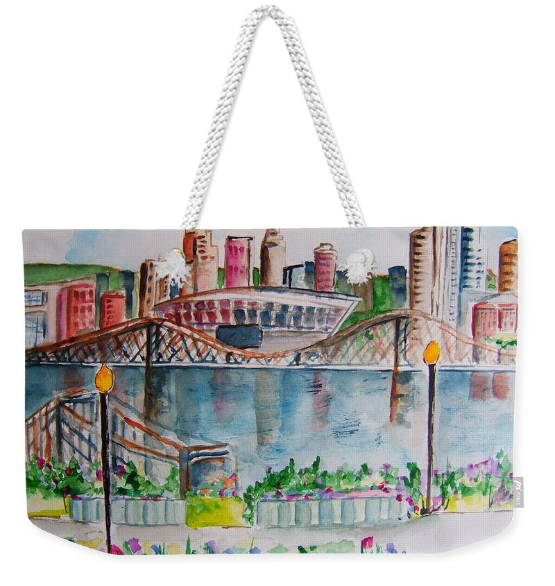 Cincinnati Skyline Weekender Tote Bag featuring the painting View from Devou by Elaine Duras