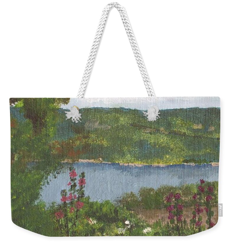 Bully Hill Vinyard Weekender Tote Bag featuring the painting View From the Garden by Cynthia Morgan
