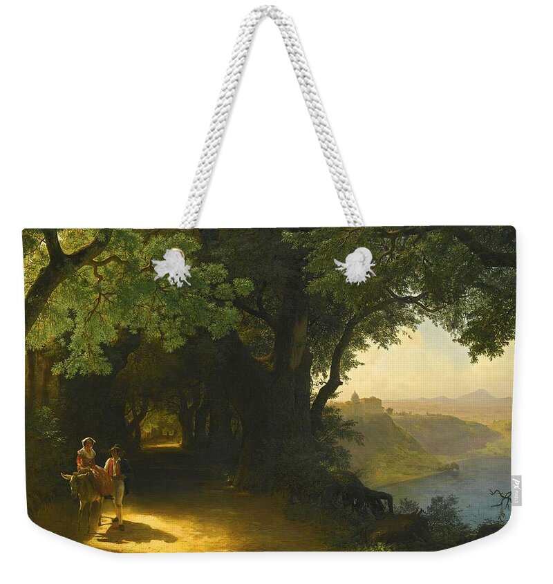 Lev Feliksovich Lagorio Weekender Tote Bag featuring the painting View of Castel Gandolfo and Lake Albano by Lev Feliksovich Lagorio