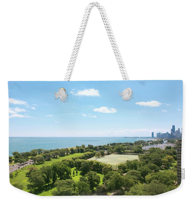Lake Michigan Weekender Tote Bag featuring the photograph View Of Chicago, Lake Michigan by Sasha Weleber