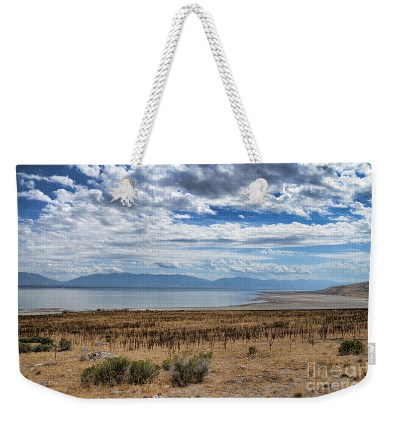 Antelope Island Weekender Tote Bag featuring the photograph View of Wasatch Range From Antelope Island by Donna Greene