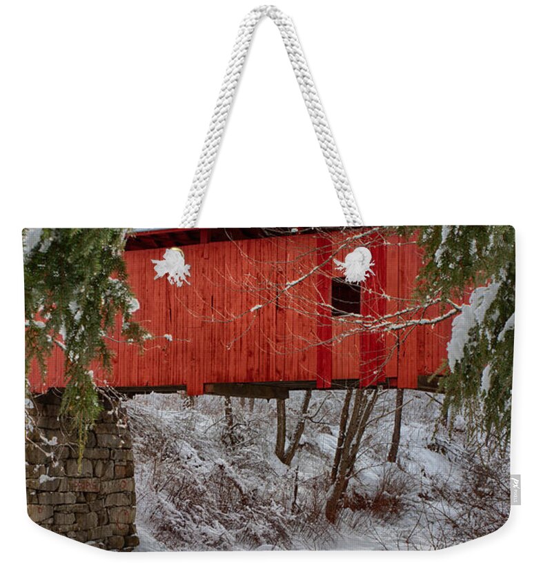 Covered Bridge Weekender Tote Bag featuring the photograph View through the boughs of Vermont covered bridge by Jeff Folger