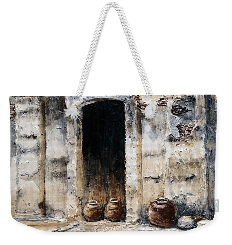 Architecture Weekender Tote Bag featuring the painting Vigan Door by Joey Agbayani