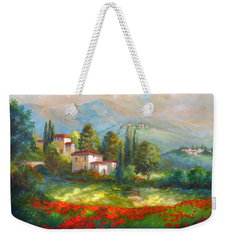 Italian Landscape Weekender Tote Bag featuring the painting Village with poppy fields by Regina Femrite