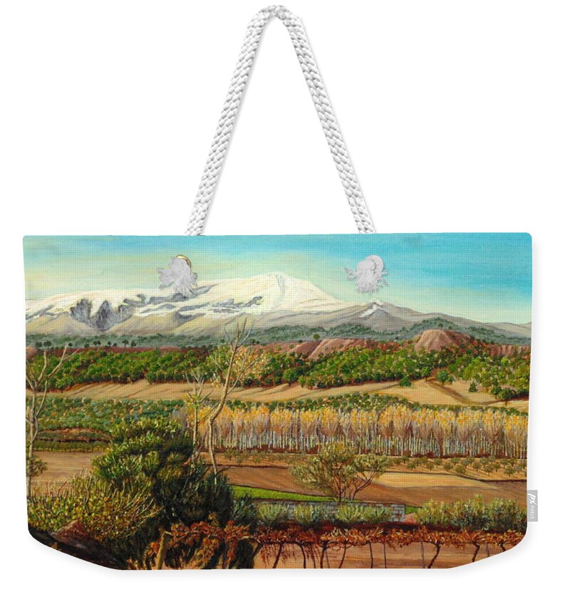 Pines Weekender Tote Bag featuring the painting Vineyard Valley In The Sierra Nevada Surroundings by Angeles M Pomata