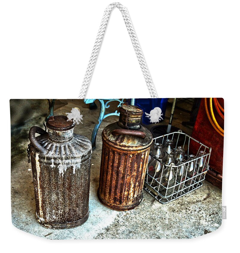 Vintage Weekender Tote Bag featuring the photograph HDR Vintage Art Cans and Bottles by Lesa Fine