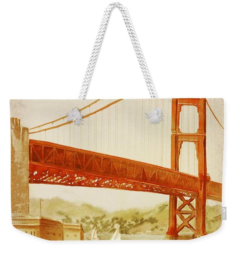 Golden Gate Weekender Tote Bag featuring the painting Vintage California Golden Gate Bridge by Irina Sztukowski