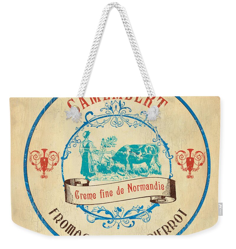 Cuisine Weekender Tote Bag featuring the painting Vintage Cheese Label 3 by Debbie DeWitt