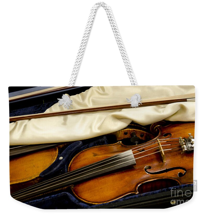 Fiddle Weekender Tote Bag featuring the photograph Vintage Fiddle in the Case by Wilma Birdwell