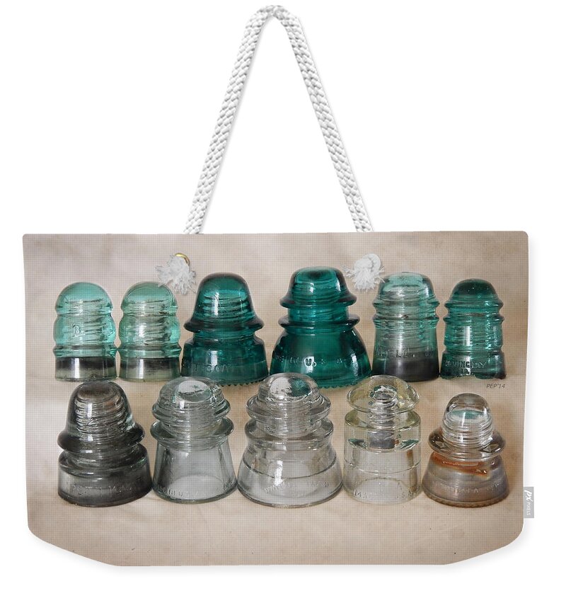Vintage Glass Weekender Tote Bag featuring the photograph Vintage Glass Insulators by Phil Perkins