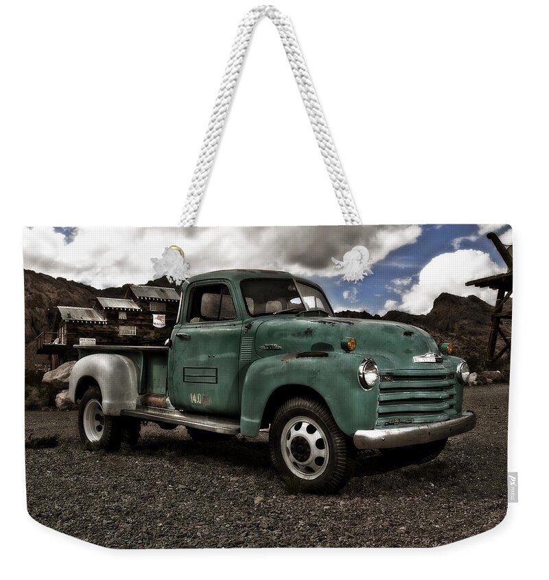 Car Weekender Tote Bag featuring the photograph Vintage Green Chevrolet Truck by Gianfranco Weiss