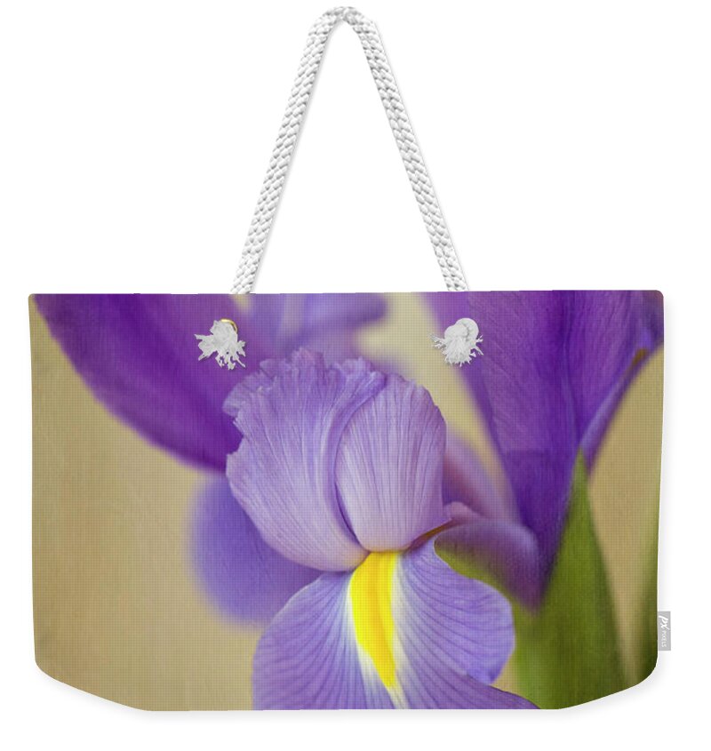 Vase Weekender Tote Bag featuring the photograph Vintage Iris In Vase by Susangaryphotography