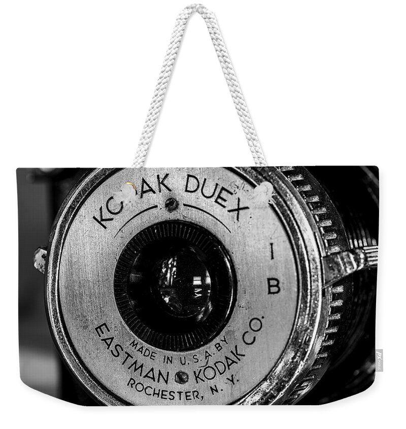 Black And White Weekender Tote Bag featuring the photograph Vintage Kodak Duex Detail by Jon Woodhams